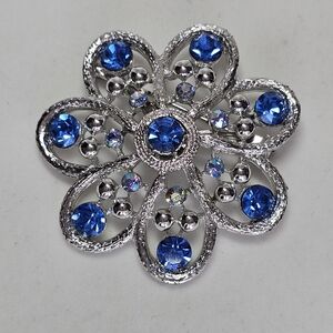 Coro Signed Silver and Blue Floral Brooch